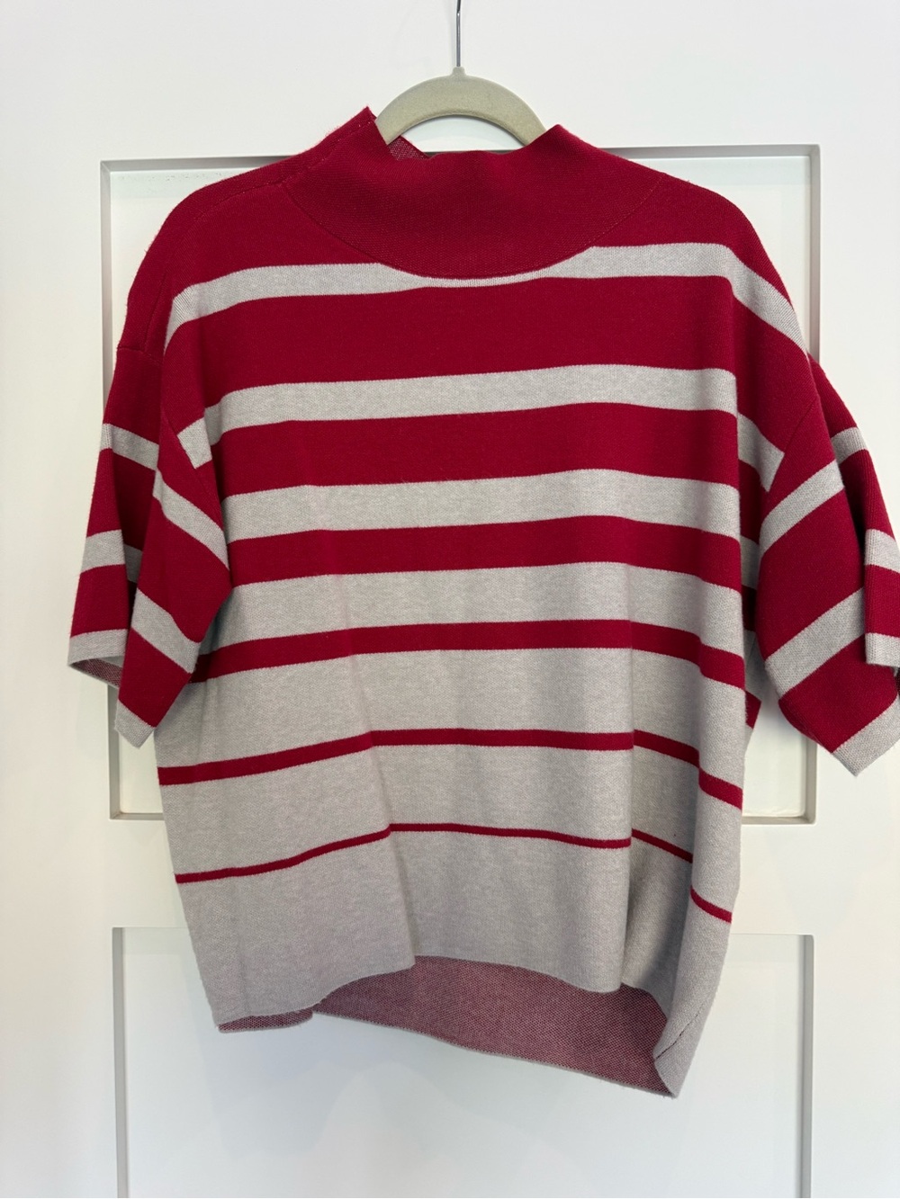 Maeve Red and Light Gray Striped Short-Sleeve Mock Neck Sweater